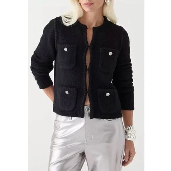 J.Crew Odette Sweater Jacket WMNS S Black Wool-Alpaca Crochet Trim Gold Button - Picture 1 of 7